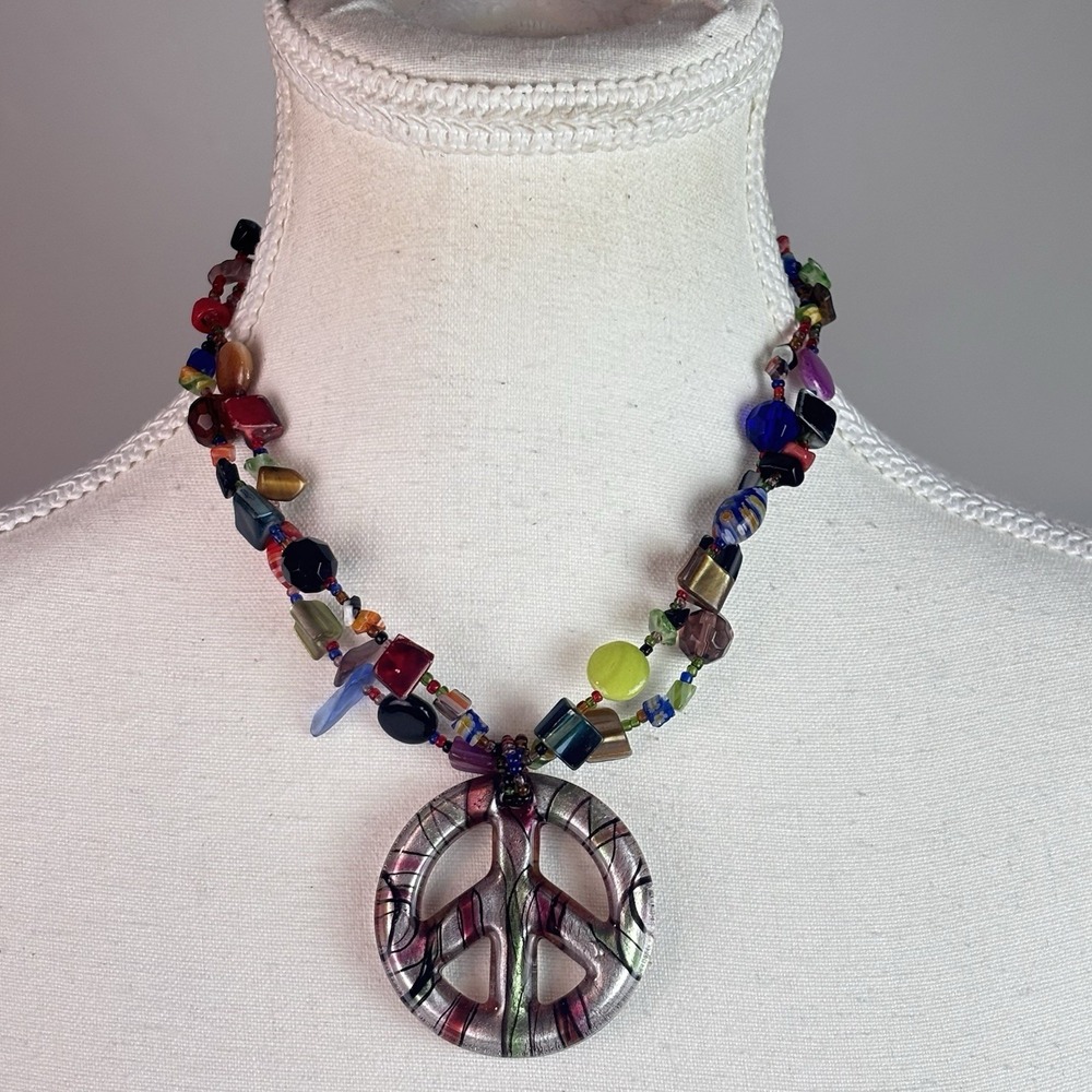 Peace Sign Beaded Double Strand Boho Necklace Reversible hippie 70s Colorful